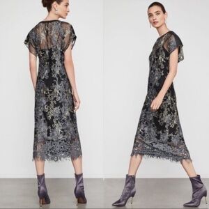 BCBGMAXAZRIA METALLIC EMBROIDERED SHIFT MIDI DRESS